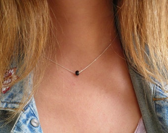 Bridesmaid gift, Black faceted Onyx Necklace, Tiny One 4mm Black Onyx Necklace, Silver Necklace, Minimalist Pendant Delicate Necklace