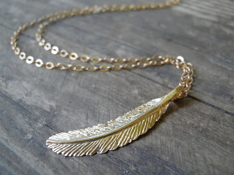 LONG Gold Necklace, Gold Feather Necklace, Feather Jewelry, Minimalist Genuine Blue Sapphire necklace, Delicate 14k Gold Filled Necklace image 5