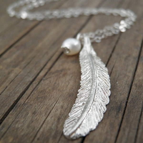 Long Silver Necklace, Silver Feather Necklace, Feather Jewelry, Minimalist  Pendant, Pearl necklace, Delicate Sterling Silver Necklace