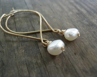 14k Solid Gold, Wedding Earrings, Bridal Pearl Earrings, Gold White Fresh Water Pearls Earrings, Anniversary, Gift For Mom, Gift For Her