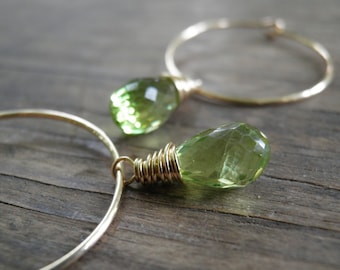 Green Hoops Gold Spring Green Peridot , Gold Hoops, Rough Finished,  Bridal, Simple, Anniversary , Wedding, Gift For Her