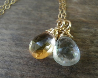 Citrine Aquamarine Gold Necklace, Dainty Gemstone Necklace, Gold gemstone Necklace, Citrine Necklace, Aquamarine Necklace, Charm Necklace
