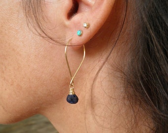 Valentines Day Gift, Natural Blue Sapphire Gold Earrings September Birthstone Jewelry, Statement Earrings, Rough Cut faceted Small Teardrop