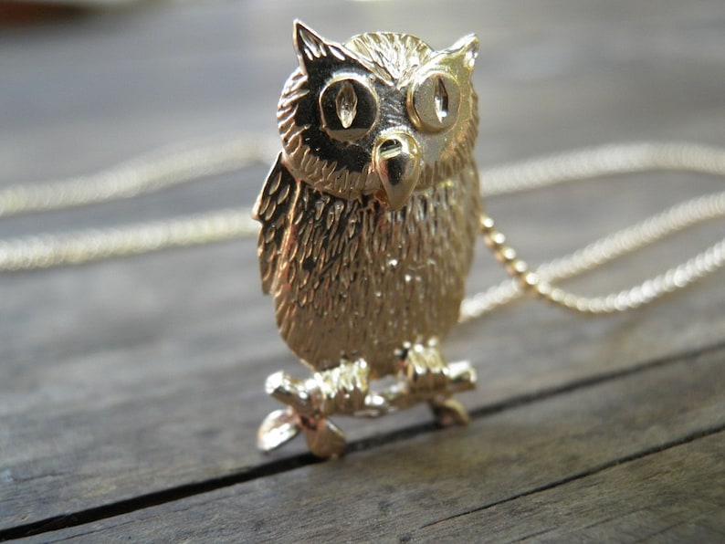 May include: A gold owl pendant necklace with a detailed design. The owl is perched on a branch and has large, round eyes.
