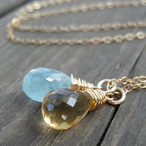 March Birthstone, Aquamarine Citrine Necklace, Rough Finished Aquamarine Crystal Blue, Yellow Honey Jewelry, November birthstone, in Gold image 5