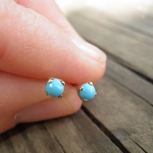 14k Gold Studs Tiny 3mm Turquoise Stud Earrings Turq uoise Post Earrings Turquoise Earrings Stone Stud Earrings Dot Post Earring unisex stud image 2