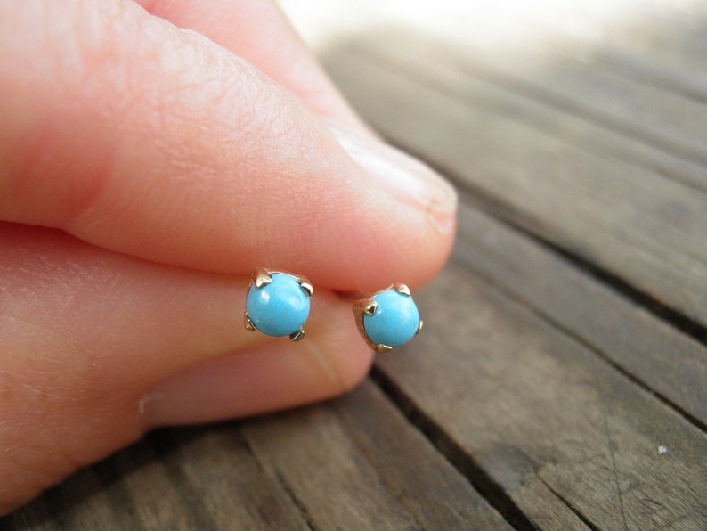 14k Gold Studs Tiny 3mm Turquoise Stud Earrings Turq uoise Post Earrings Turquoise Earrings Stone Stud Earrings Dot Post Earring unisex stud image 2