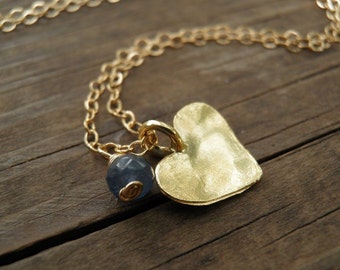 Valentines Day Gift, Gold Heart, Heart Jewelry, Genuine Blue Sapphire Heart Necklace, 14k Gold Filled September Birthstone, Gold heart Charm
