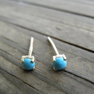 14k Gold Studs Tiny 3mm Turquoise Stud Earrings Turq uoise Post Earrings Turquoise Earrings Stone Stud Earrings Dot Post Earring unisex stud image 1