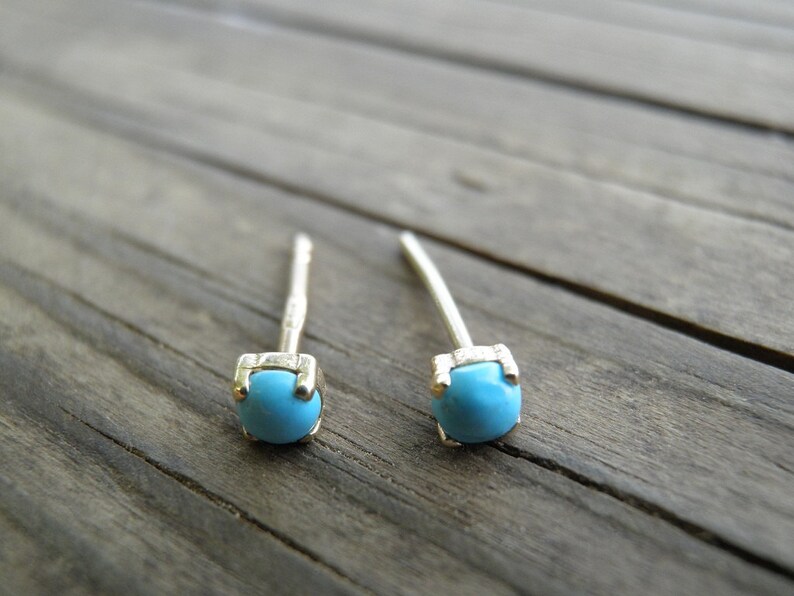 14k Gold Studs Tiny 3mm Turquoise Stud Earrings Turq uoise Post Earrings Turquoise Earrings Stone Stud Earrings Dot Post Earring unisex stud image 1