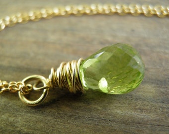 Gold Necklace, Solid 14k Gold Necklace, Faceted Rough Green Peridot drop Necklace, Delicate Necklace, Minimalist Necklace,Layering Necklace