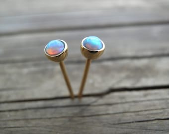 Valentines Day Gift, Opal Solid Gold Stud Earrings, Classic 3mm 14k Gold Opal Studs, 14k Gold Opal Posts, October Birthstone, Bridal Jewelry