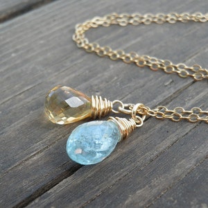 March Birthstone, Aquamarine Citrine Necklace, Rough Finished Aquamarine Crystal Blue, Yellow Honey Jewelry, November birthstone, in Gold image 3