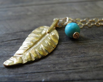 LONG Gold Necklace, Gold Small Leaf Necklace, Leaf Jewelry, Minimalist  Pendant, Turquoise necklace, Delicate 14k Gold Filled Necklace