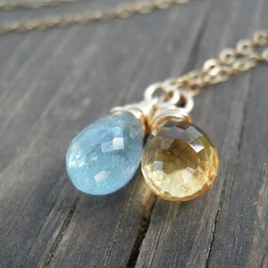 March Birthstone, Aquamarine Citrine Necklace, Rough Finished Aquamarine Crystal Blue, Yellow Honey Jewelry, November birthstone, in Gold image 2