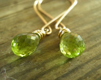 14k Solid Gold Peridot Earrings, August Birthstone Earrings, Gold Earrings, Rough Finished Green Peridot Dangle Earrings, Bridal Earrings