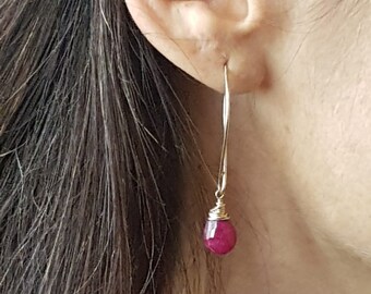 Natural Ruby Gold Earrings July Birthstone Jewelry, Statement Earrings, Rough Cut faceted Small Teardrop, Genuine Ruby