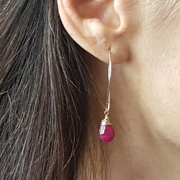 Natural Ruby Gold Earrings July Birthstone Jewelry, Statement Earrings, Rough Cut faceted Small Teardrop, Genuine Ruby