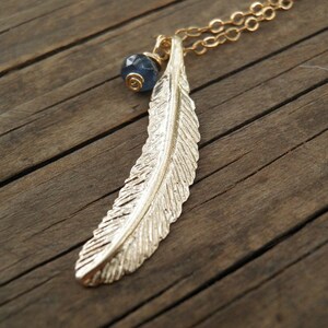 LONG Gold Necklace, Gold Feather Necklace, Feather Jewelry, Minimalist Genuine Blue Sapphire necklace, Delicate 14k Gold Filled Necklace image 3