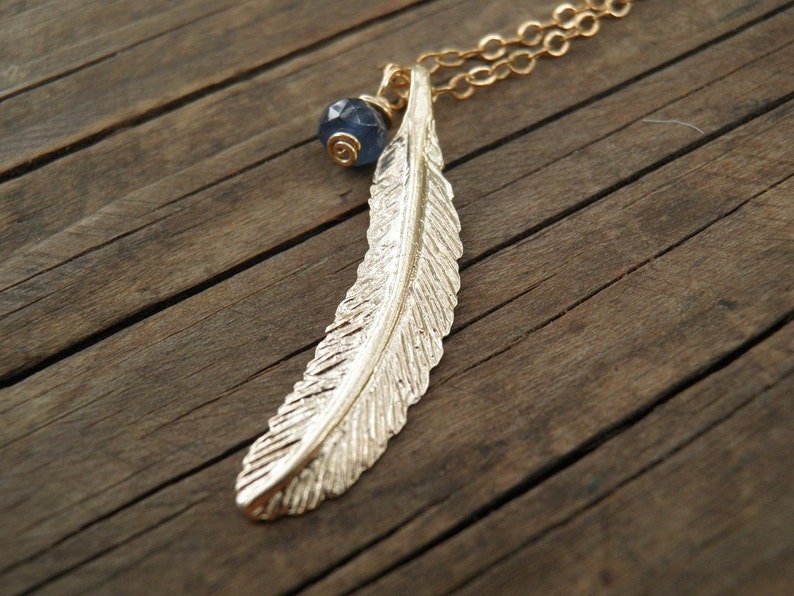 LONG Gold Necklace, Gold Feather Necklace, Feather Jewelry, Minimalist Genuine Blue Sapphire necklace, Delicate 14k Gold Filled Necklace image 3