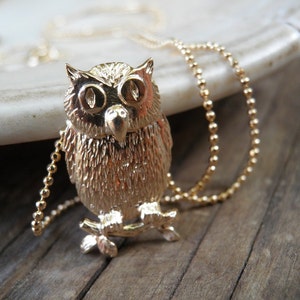 May include: A gold owl pendant necklace with a beaded chain. The owl is detailed with textured feathers and has large, round eyes.
