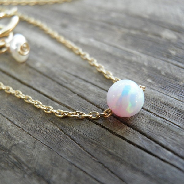 White Pink Opal Necklace, Opal Necklace, Opal Ball Necklace, Opal Gold Necklace, Opal Jewelry, Tiny One 4mm Opal Bead Necklace, Dot necklace