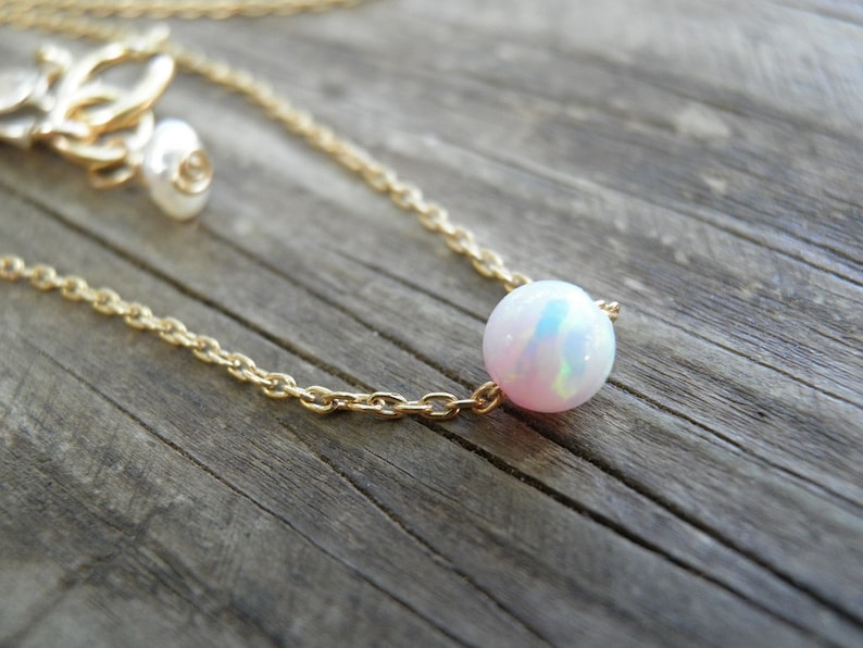 Opal Necklace, Tiny White Opal Necklace, Opal Gold Necklace, Opal Jewelry, Gold Bridesmaid Gift, Dainty, Dot Necklace, Minimalist Necklace image 1