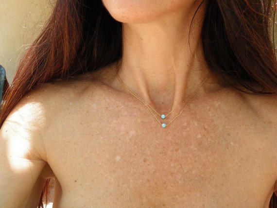 Layered Necklace, Two Tier Gold Necklace, Blue Opal Necklace, Statement Necklace, Bridesmaid gift, Minimalist Bridal Necklace, Gold Filled