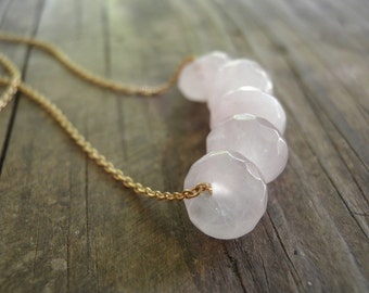 Dainty Gold Gemstone Necklace, Unique Gemstone Jewelry, Faceted Pink Rose Quartz Necklace, 5 Bead Gold Necklace, Unique Rose Quartz Necklace