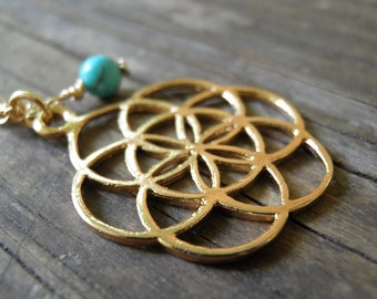 Flower of Life Pendant Necklace, Gold Turquoise Necklace, Seed Of Life Pendant, Gold Charm Necklace, Gold Pendant Necklace, Gift for him