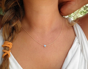 Opal Necklace, Tiny Blue Opal Necklace, Opal Gold Necklace, Dot Necklace, Opal Jewelry, Gold Bridesmaid Gift, Minimalist Necklace, Dainty