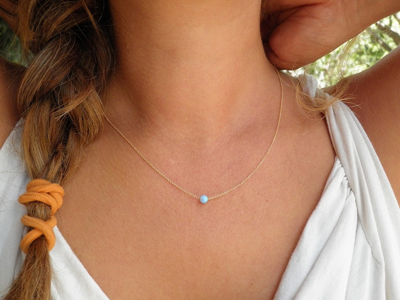 Opal Necklace, Tiny Blue Opal Necklace, Opal Gold Necklace, Dot Necklace, Opal Jewelry, Gold Bridesmaid Gift, Minimalist Necklace, Dainty image 1