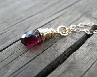 January Birthstone Sale, Tiny Garnet Teardrop Necklace, Red Jewelry, Rough Gold Red Necklace ,14K Gold Filled, January Birthstone Necklace