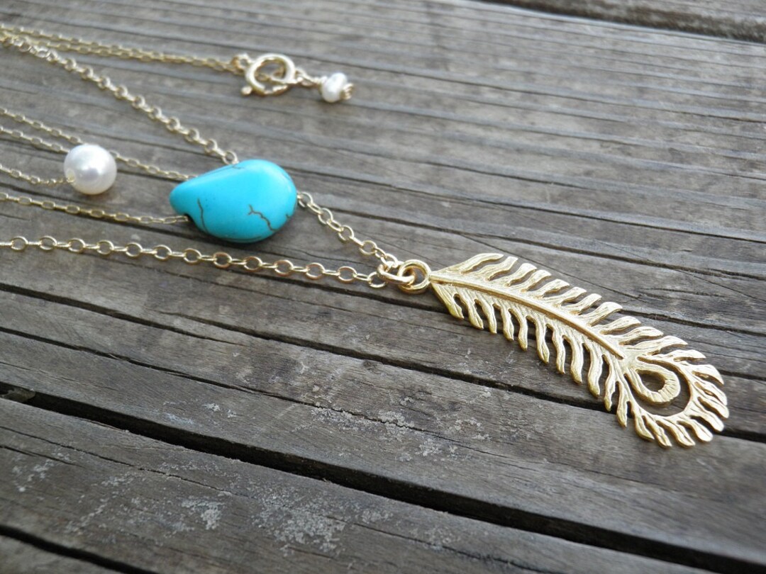 Triple Turquoise Layered Gold Necklace, Layer Necklace, Peacock Feather ...