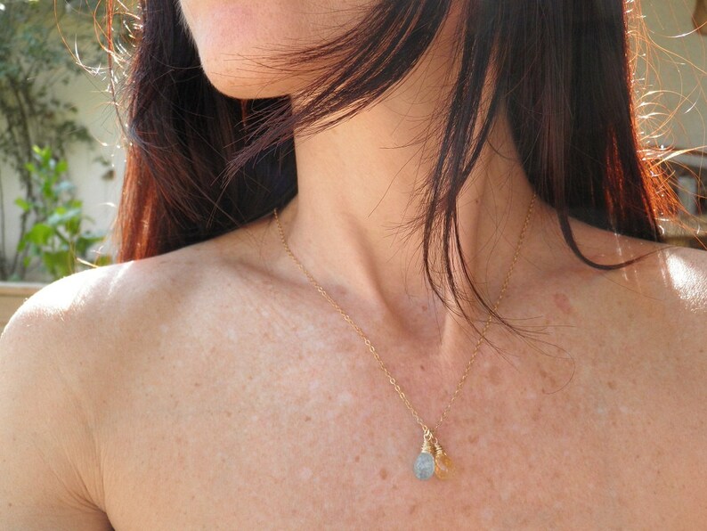 March Birthstone, Aquamarine Citrine Necklace, Rough Finished Aquamarine Crystal Blue, Yellow Honey Jewelry, November birthstone, in Gold image 1