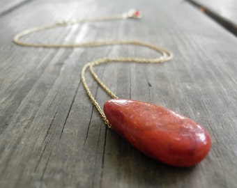 LONG Gold Necklace, Red Jewelry, Ruby Red Coral Teardrop Necklace, Minimalist Coral Pendant, Delicate Everyday Gold  Necklace, Feminine Gift