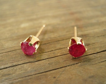 July Birthstone, Gold Genuine Ruby Stud Earrings in 14k Gold, 4mm Genuine Ruby Post Earrings, Summer Fashion, Romantic Gift For Her, SALE