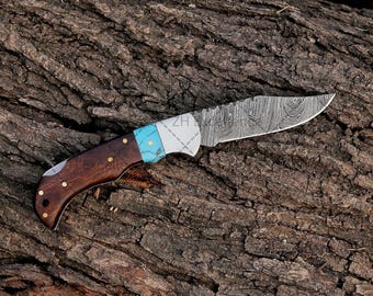 Handmade Folding knife With Turquoise Stone Handle With Leather Sheath