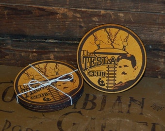 Set of Four Leather "Tesla Club" Coasters