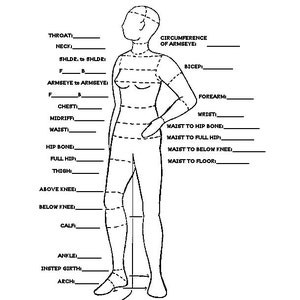 May include: A black and white illustration titled "Female Measurements" shows a stylized female figure with dotted lines indicating measurement points. Labels include neck, chest, waist, hip, thigh, and ankle, with blank spaces for recording measurements.