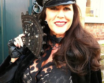 Black Leather and Pewter Folding Fan