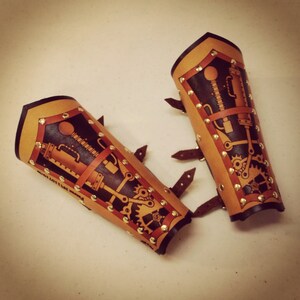 Unisex Hard Leather Clockwork Bracers (Pair)