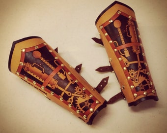 Unisex Hard Leather Clockwork Bracers (Pair)