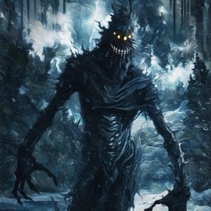 Peut inclure: Une silhouette sombre et fantomatique aux yeux brillants se dresse dans un paysage enneigé et glacé. La silhouette a une expression menaçante et semble être faite de branches ou de vignes tordues.