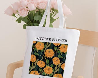 Custom Birth Month Flower Tote Bag, Personalized Name Zipper Canvas Tote, Birthday Gift for Her, Bridal Party & Bridesmaid Bag