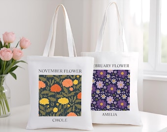 Personalized Birth Month Flower Tote Bag with Zipper, Custom Name Canvas Tote, Birthday Gift for Her, Bridesmaid Tote