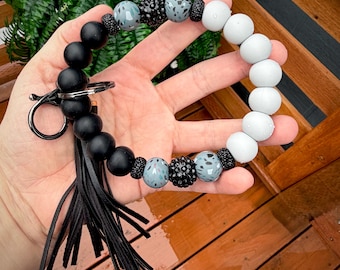 Porte-clés avec perles grises et noires - Silicone avec pampille - Bracelet porte-clés minimaliste