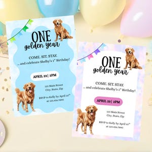 ONE Golden Year 1st Birthday Invitation | Golden Retriever Puppy Theme | Editable Canva Template (4 Designs Included)