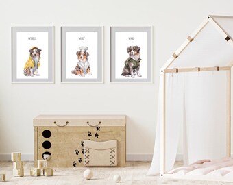 May include: Three framed watercolor prints of dogs. Each dog is dressed in a costume: a yellow raincoat, a chef's hat, and a military jacket. The prints are labeled "Wiggle", "Woof", and "Wag".