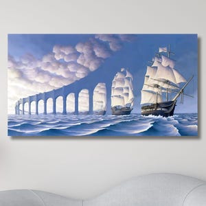 Gemälde von Rob Gonsalves Art Je nachdem von wo man schaut, sieht man entweder den Bogen einer langen Brücke oder ein Segel, Ready to Hang Canvas Art